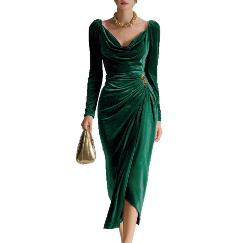 Long Sleeve Wrap Pleated Velvet Midi Dress