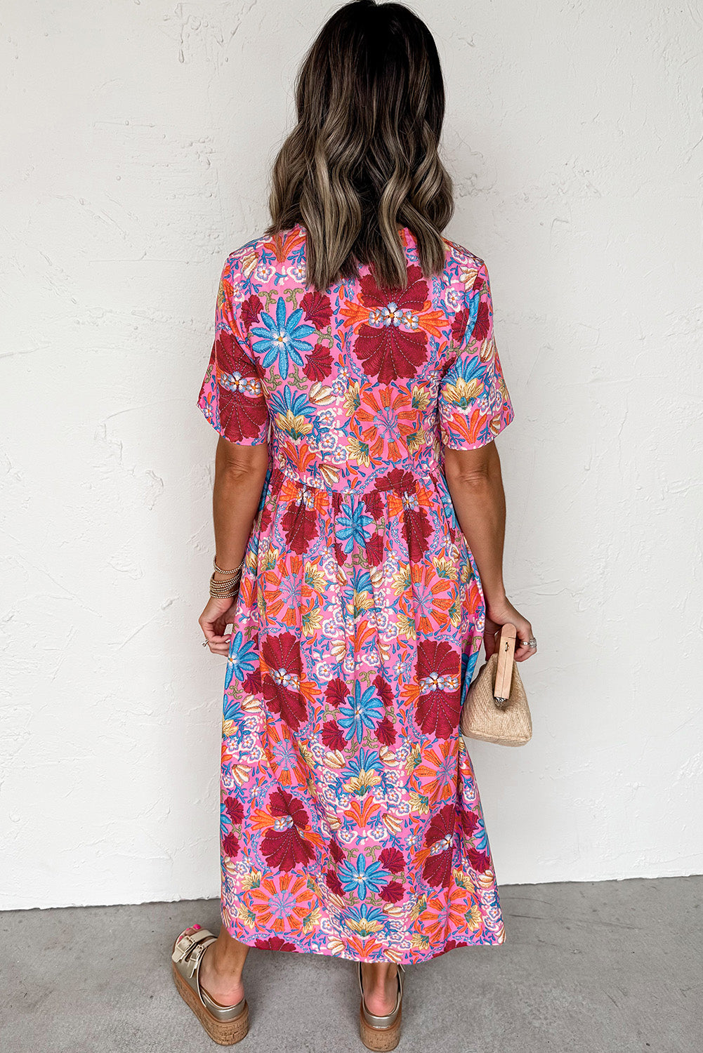 Rose Floral Tie Front Empire Waist Midi Dress Shewin Midi Dresses