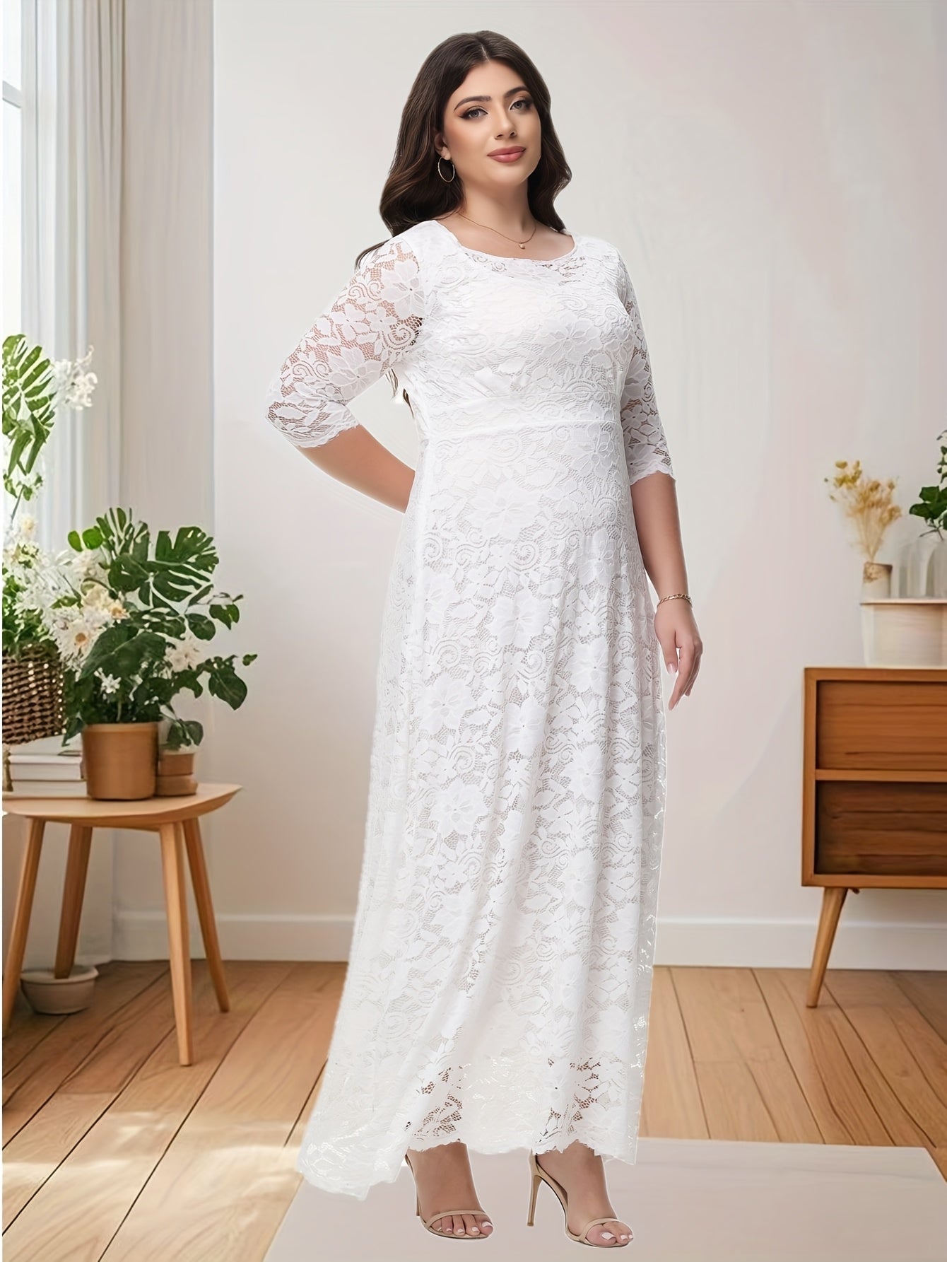 Plus Size O Neck Three Quarter Sleeve Lace Maxi Dress