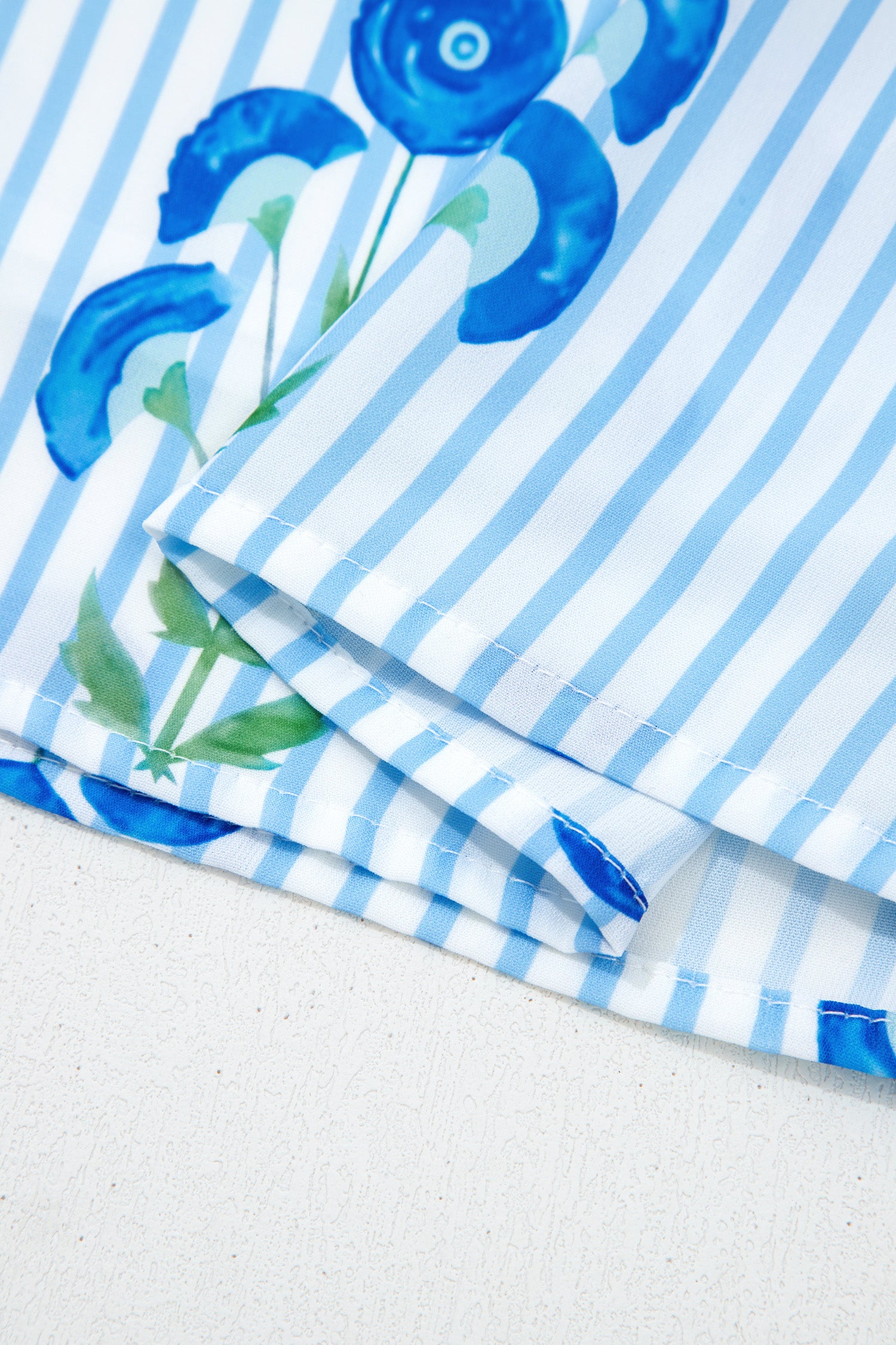 Sky Blue Floral Striped Print Tie Notched Neck Puff Sleeve Flared Mini Dress Dear-Lover Dropshipping Dresses/Floral Dresses