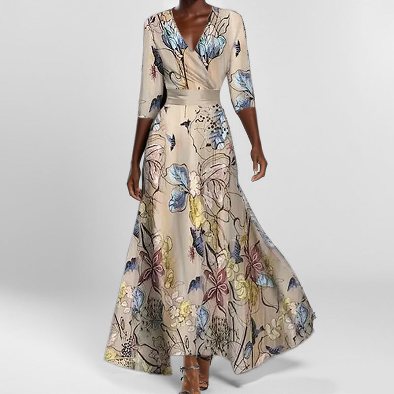 Classy Floral 3/4 Sleeve Peplum V-neck Maxi Dress Champagne CJ Dropshipping Elegant Floral Maxi Dress