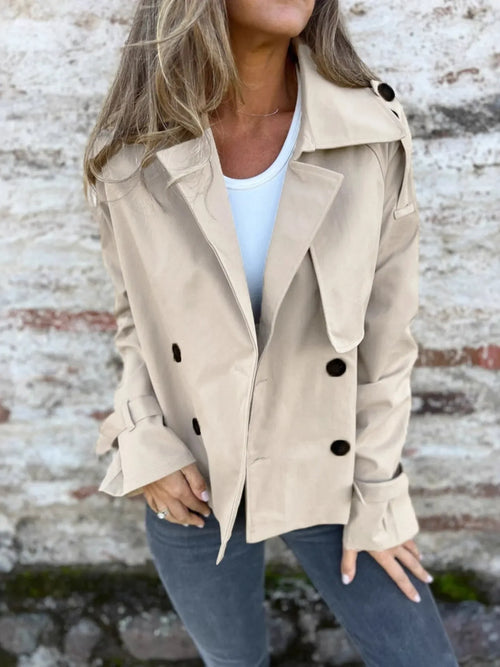 Beige Long Sleeve Button Up Cropped Trench Coat Bazaare Mart Long Sleeve Button Up Trench Coat