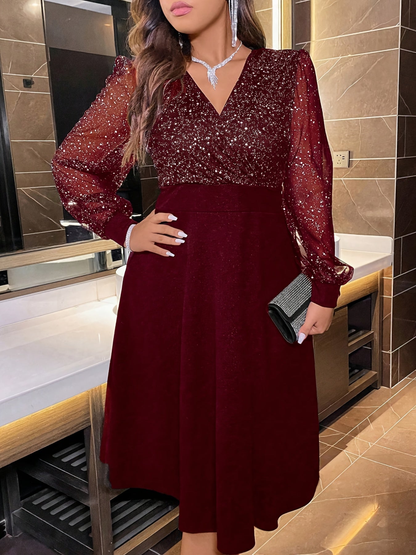Burgundy Sparkling Sequin V-Neck Bell Sleeve Dress