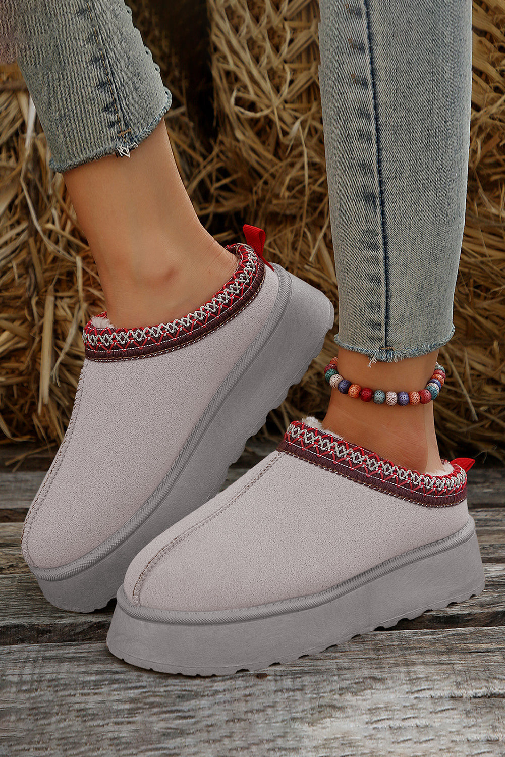 Suede Fur Trim Thick Flat Slippers