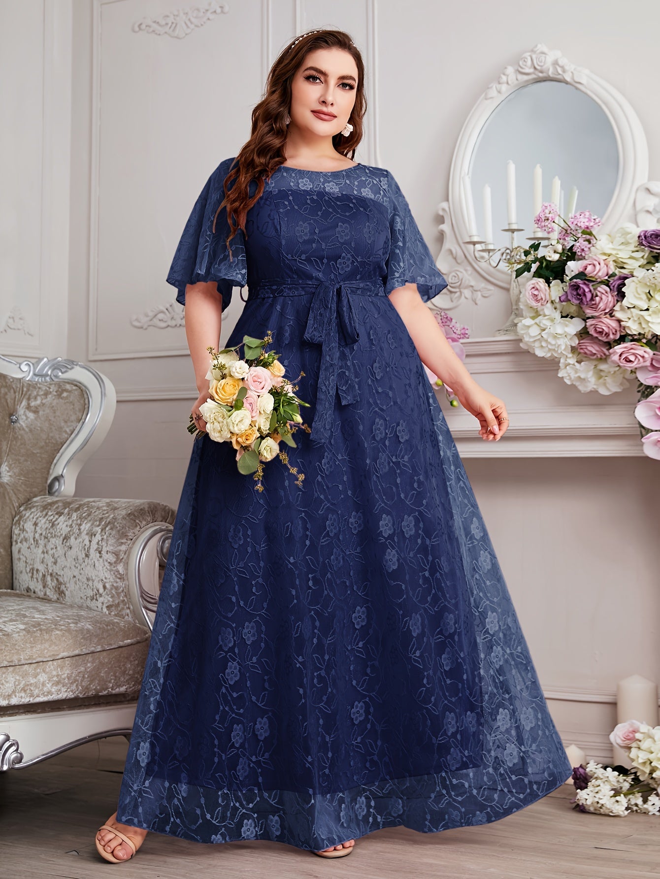 Elegant High Waist Lace Round Neck Half Flutter Sleeve Solid Color Formal Floor Length Dress