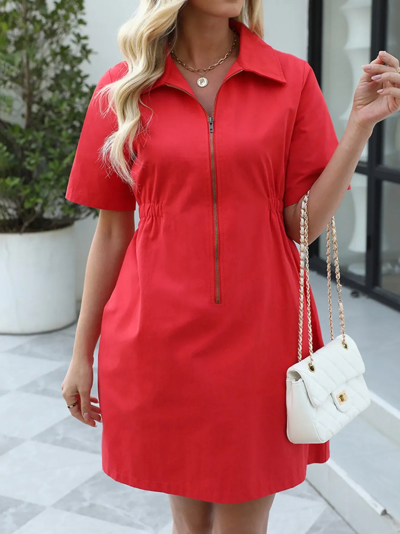 Zip-Front Short Sleeve Shirt Dress Bazarre Mart Zip-Front Short Sleeve Shirt Dress
