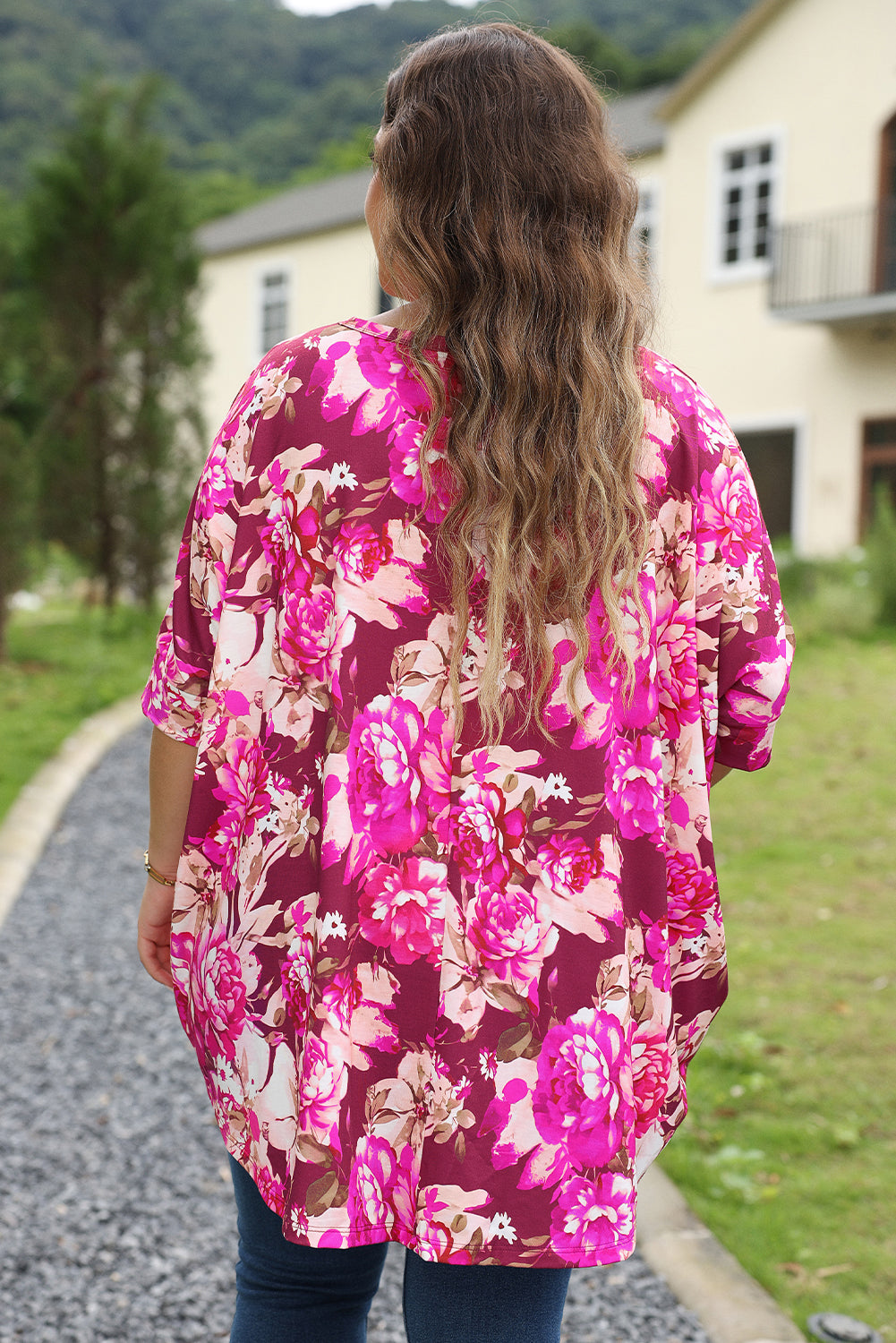 Magenta Floral Half Sleeve Plus Size Blouse