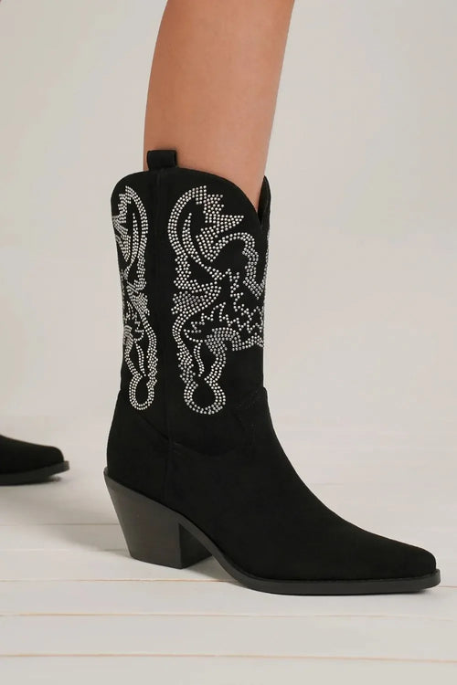 Beast Fashion Rhinestone Detail Point Toe Boots Black Bazarre Mart Rhinestone Detail Point Toe Boots