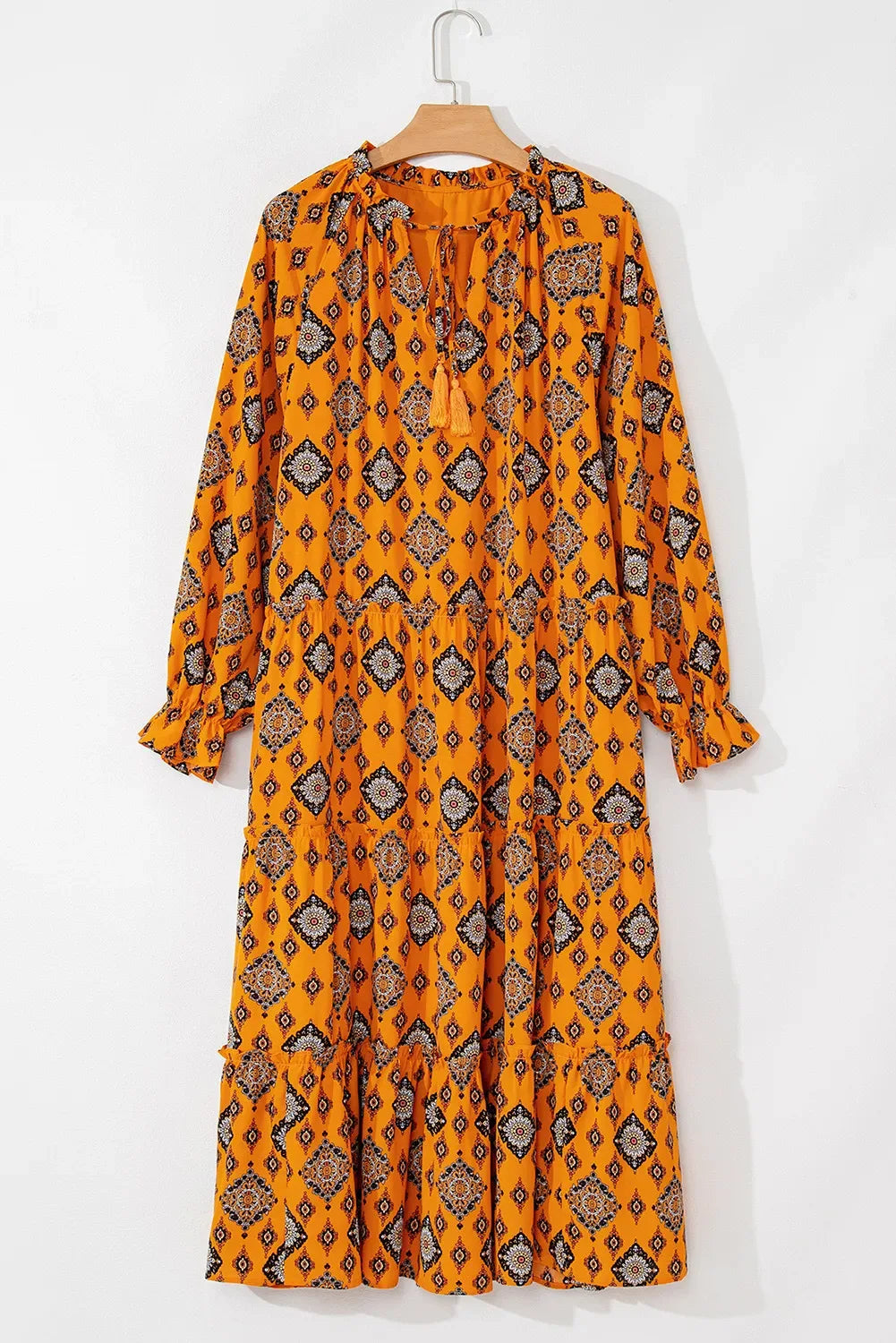 Orange Retro Print Tiered Midi Dress Bazaare Mart Tiered Print 3/4 Sleeve Midi dress
