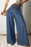 Sky Blue Polka Dot Print Button Pleated Detail Wide Leg Jeans Sky Blue 70%Cotton+30%Polyester Dear-Lover Dropshipping Bottoms/Jeans