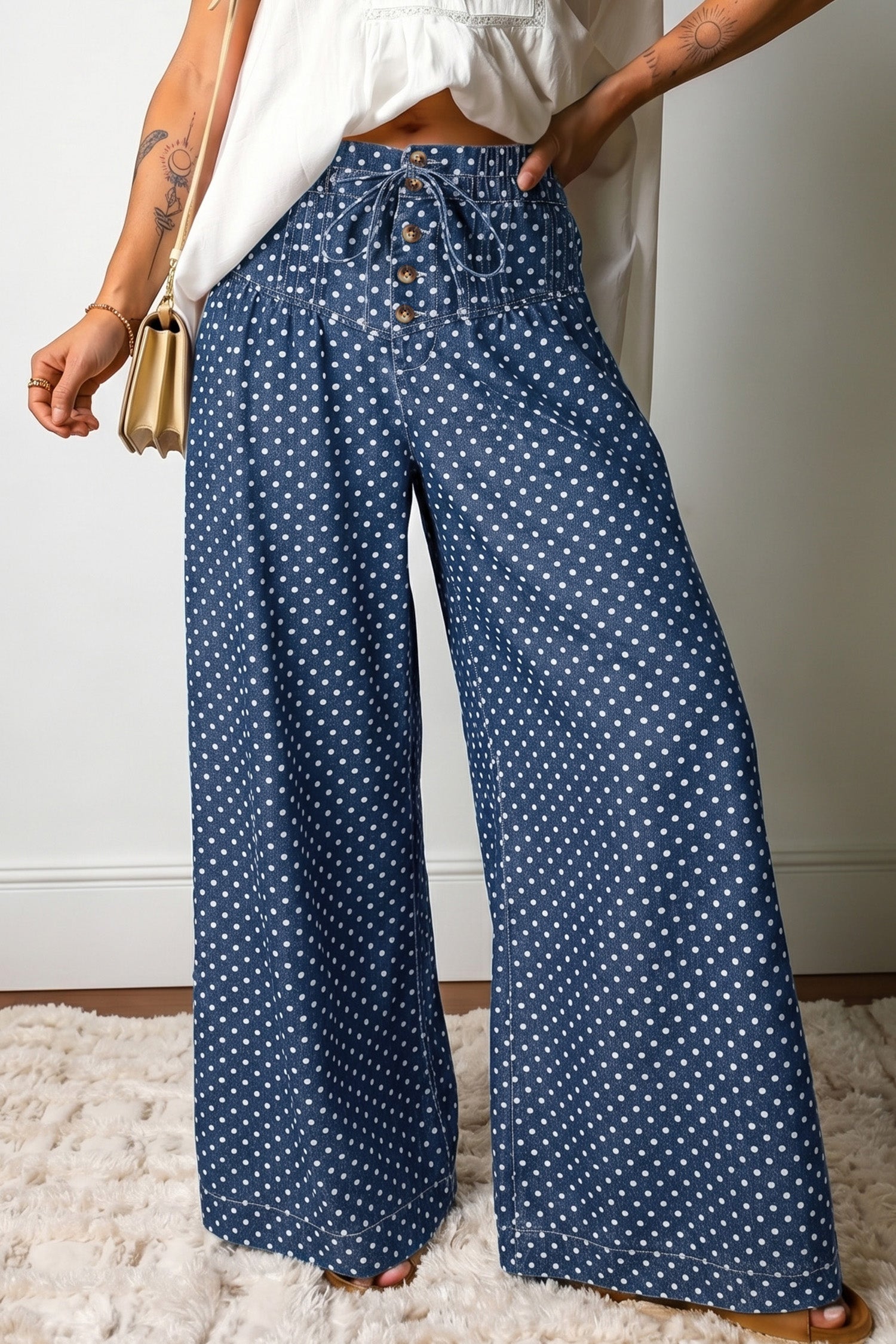 Sky Blue Polka Dot Print Button Pleated Detail Wide Leg Jeans Sky Blue 70%Cotton+30%Polyester Dear-Lover Dropshipping Bottoms/Jeans