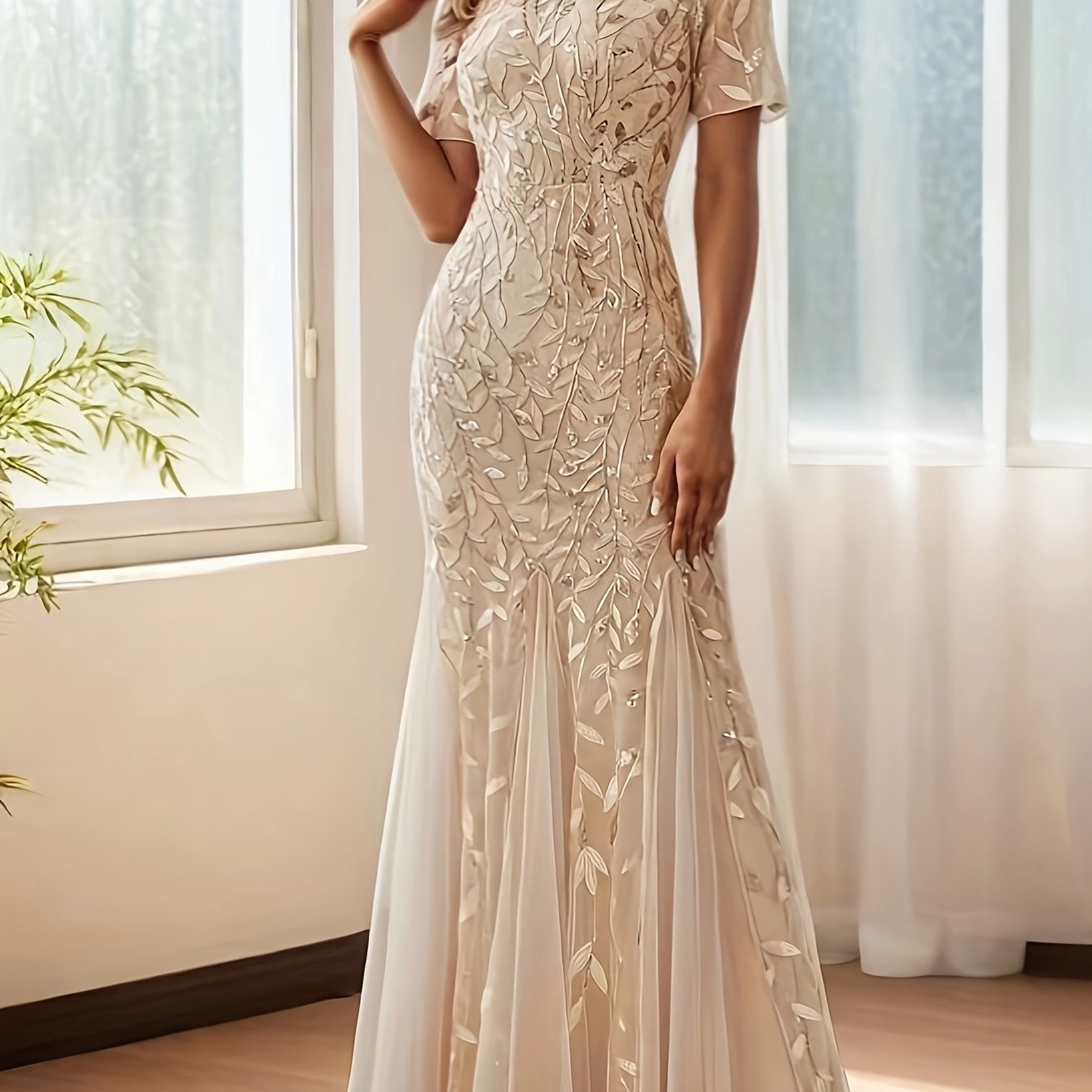 Sheer Floral Short Sleeve Evening Gown