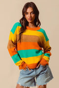 SO ME Multi Color Stripe Sweater with Ribbed Detail RUS JAD MUST COFF Trendsi Striped Pullover Sweater