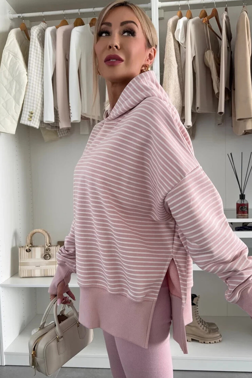 Purple Stripe Drop Shoulder Loose Fit Hoodie