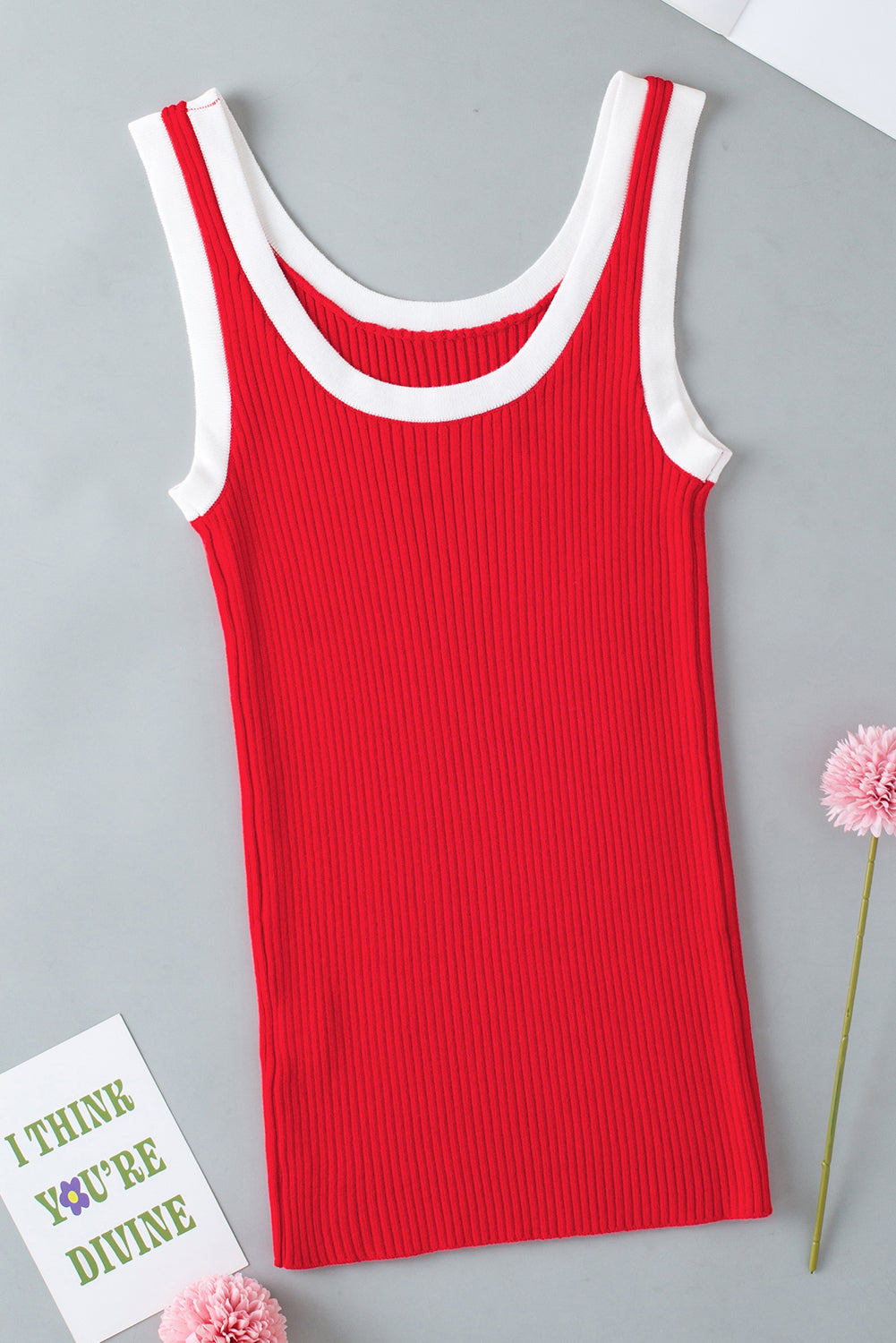 Red Colorblock Edge Ribbed Knit U Neck Tank Top