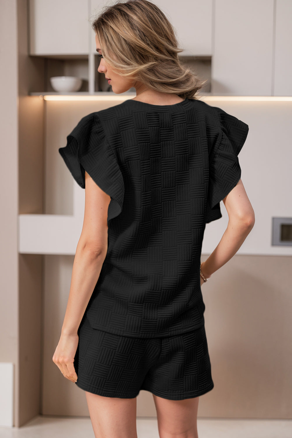 Black Textured Ruffled Sleeve Tee and Shorts Set