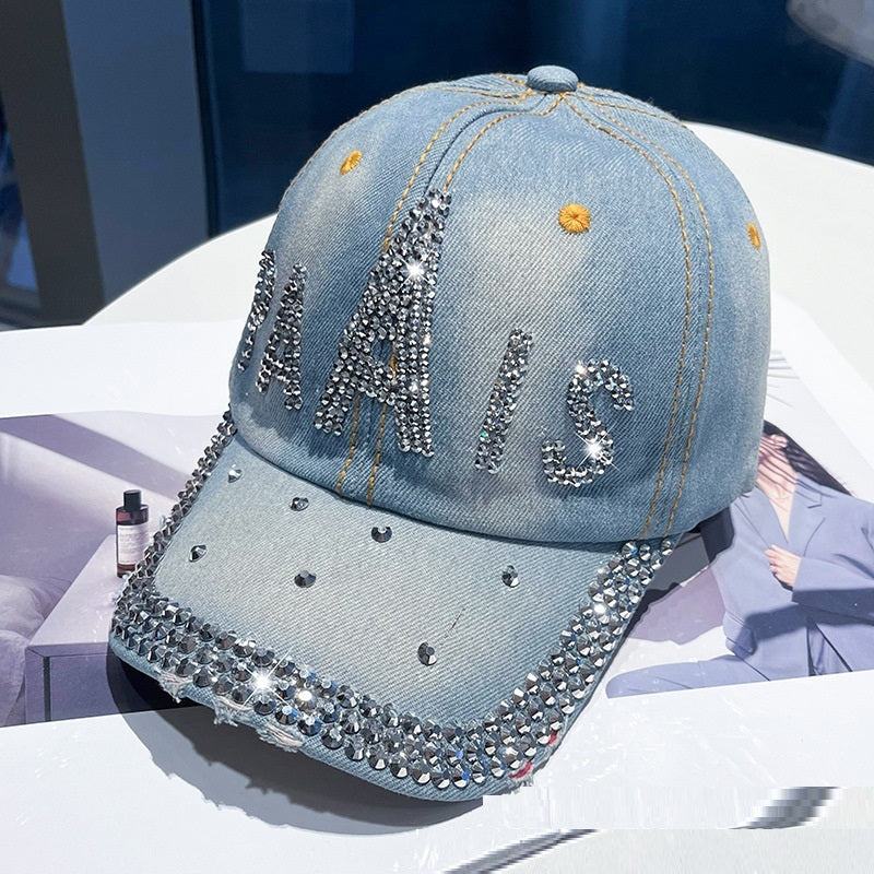 Distressed Denim Rhinestone Baseball Cap