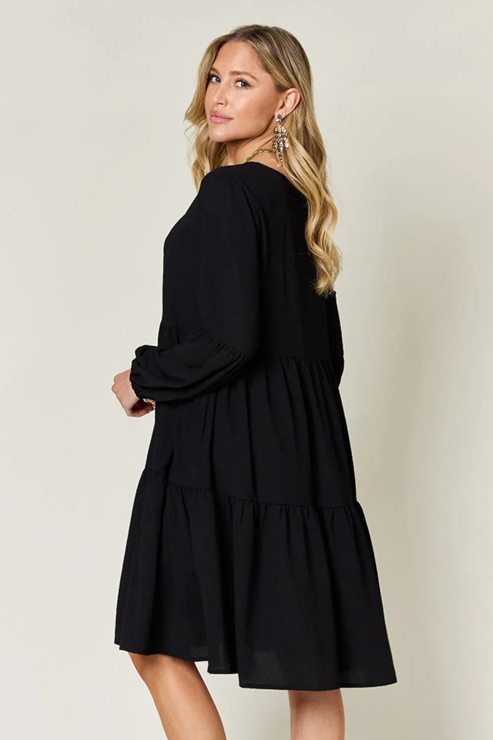 Solid V-Neck Long Balloon Sleeve Tiered Dress Bazaare Mart Long Sleeve Layered Dress