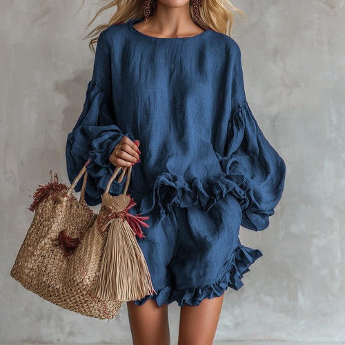 Chic Lantern Sleeve Top and Shorts Set CJ Dropshipping Denim Shorts Set