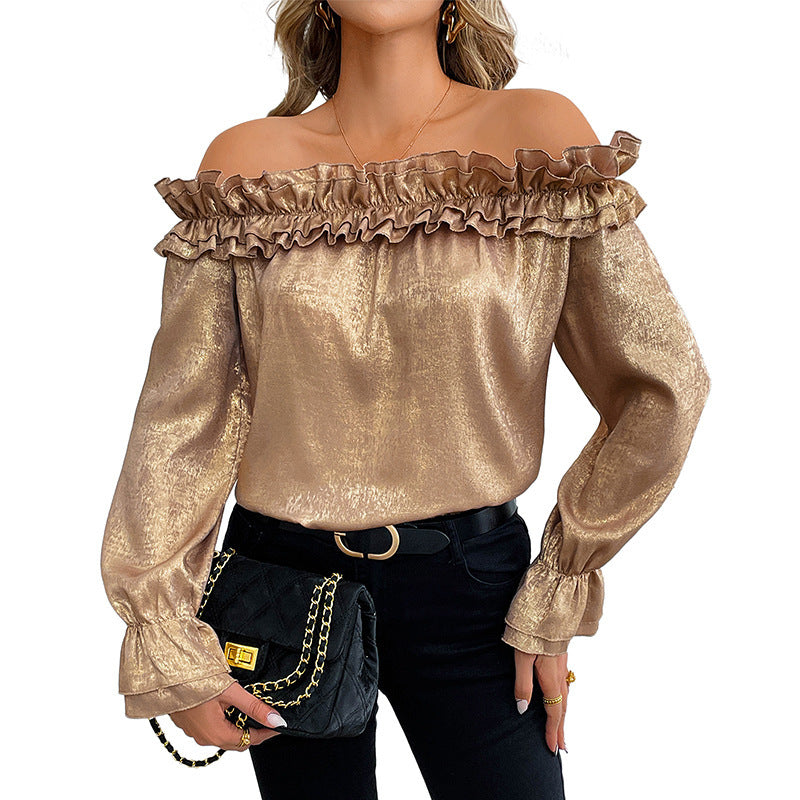 Gold Off-shoulder Ruffled Long Sleeve Blouse