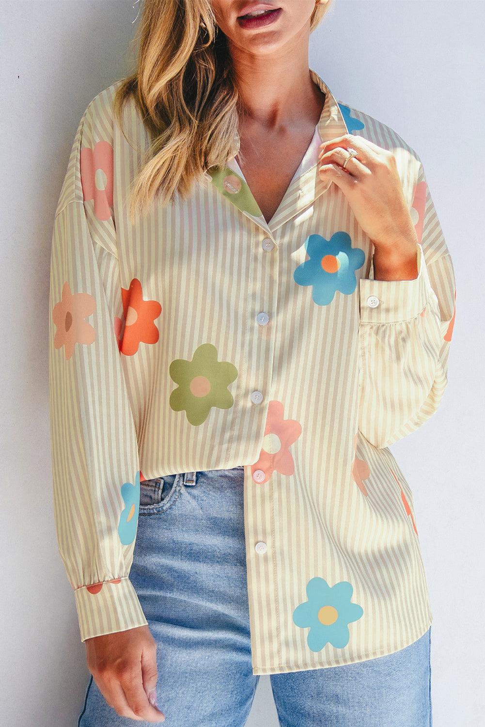 Apricot Stripe Flower Print Collarless Button-up Loose Fit Shirt