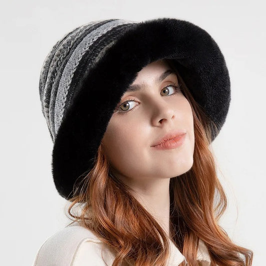 Houndstooth Ethnic Style Furry Bucket Hat