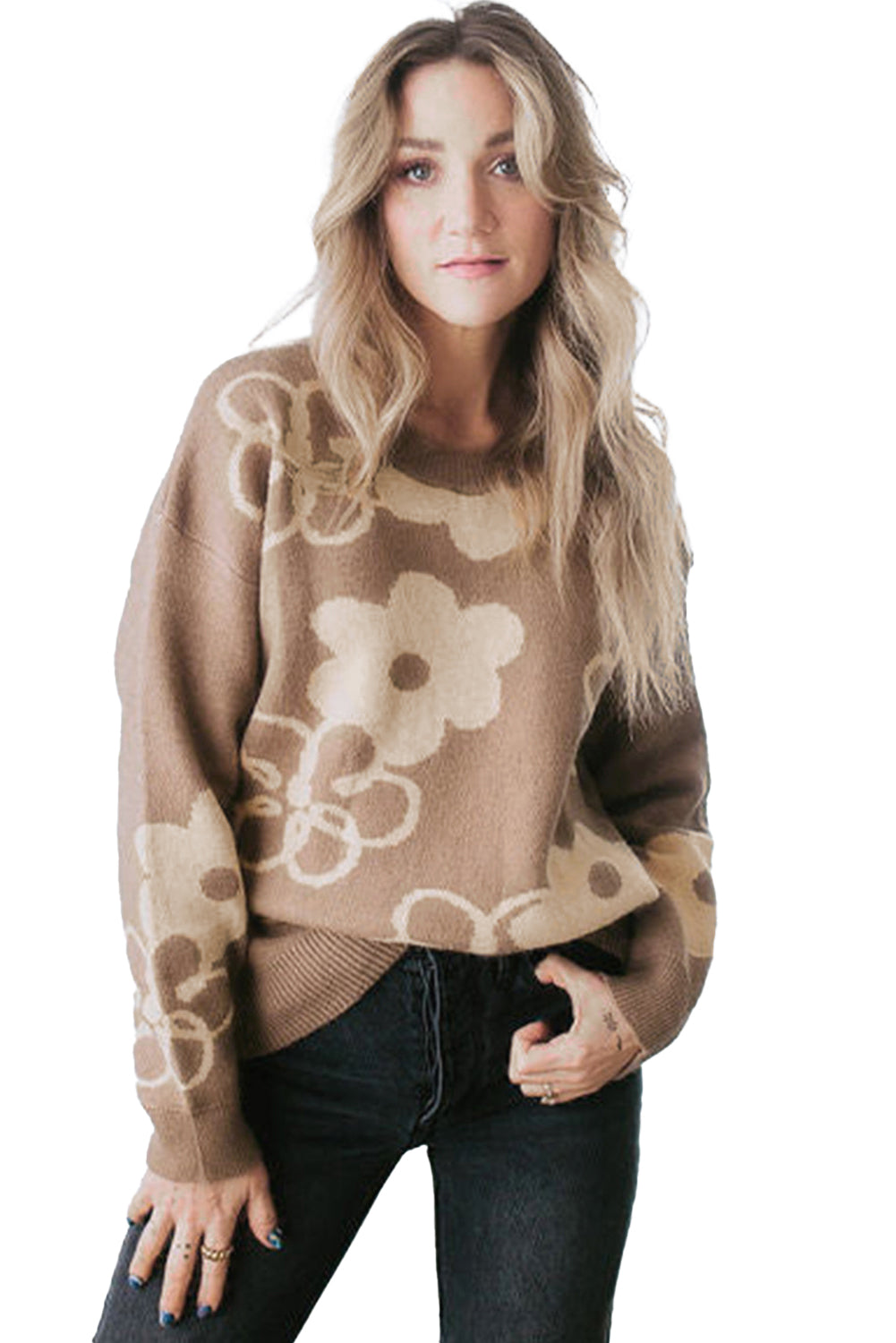 Camel Floral Drop Shoulder Ribbed Trim Sweater