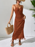 Openwork Scoop Neck Cover-Up Dress Brown Trendsi Cover-Up Dress