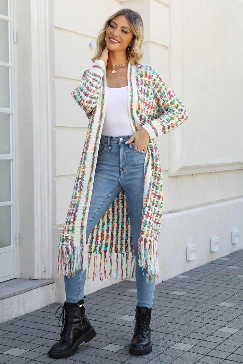 Multicolor Open Front Fringe Hem Duster Cardigan