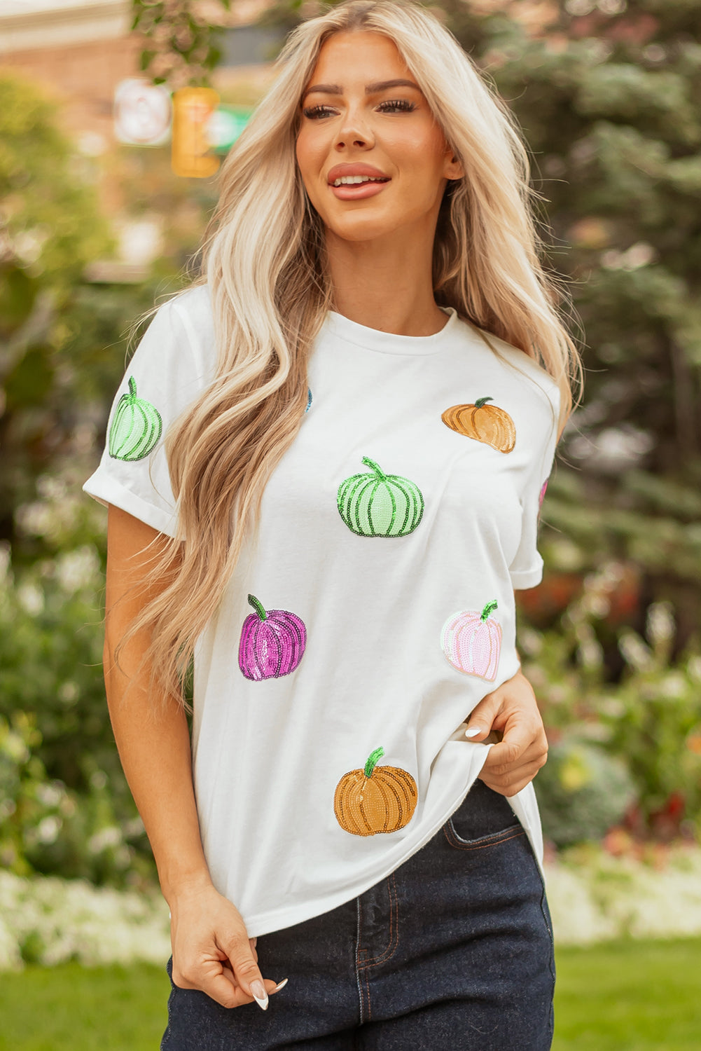 White Sequin Pumpkin Patched Cotton Blend T Shirt