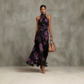 Neck-hanging Printed Chiffon Maxi Dress Black And Purple CJ Dropshipping Maxi Halter Dress