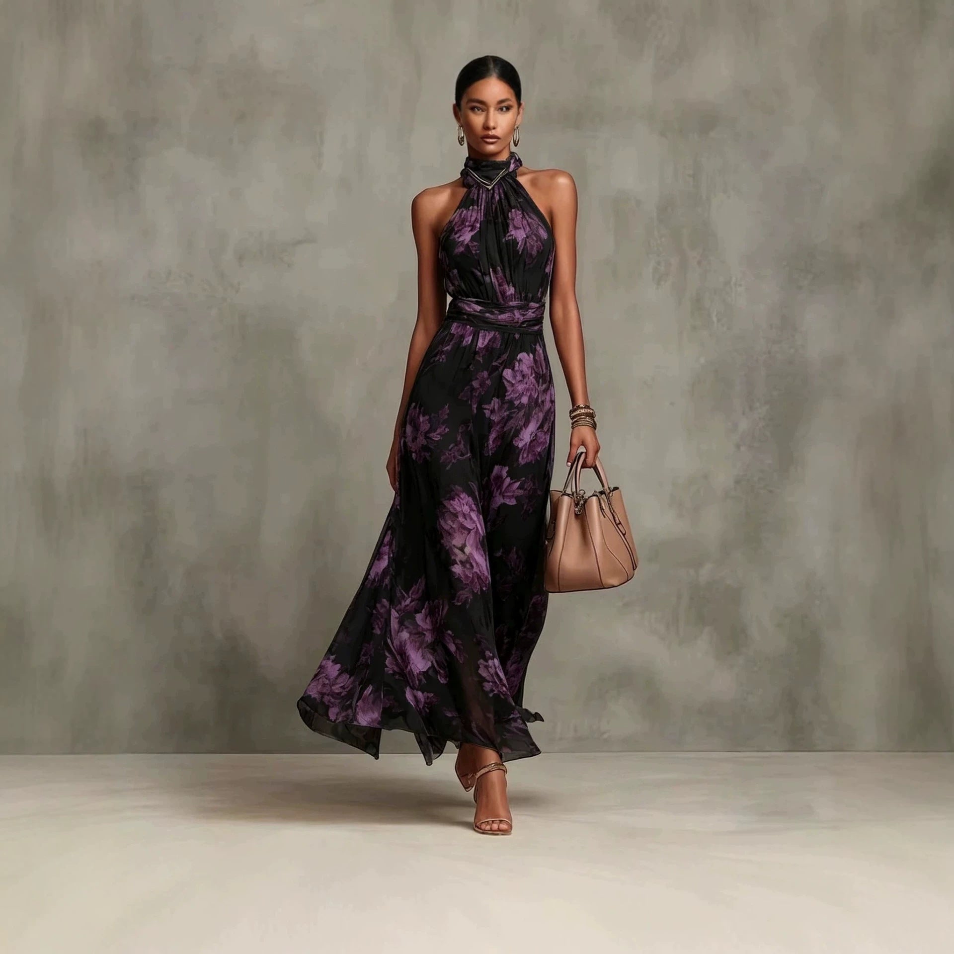 Neck-hanging Printed Chiffon Maxi Dress Black And Purple CJ Dropshipping Maxi Halter Dress
