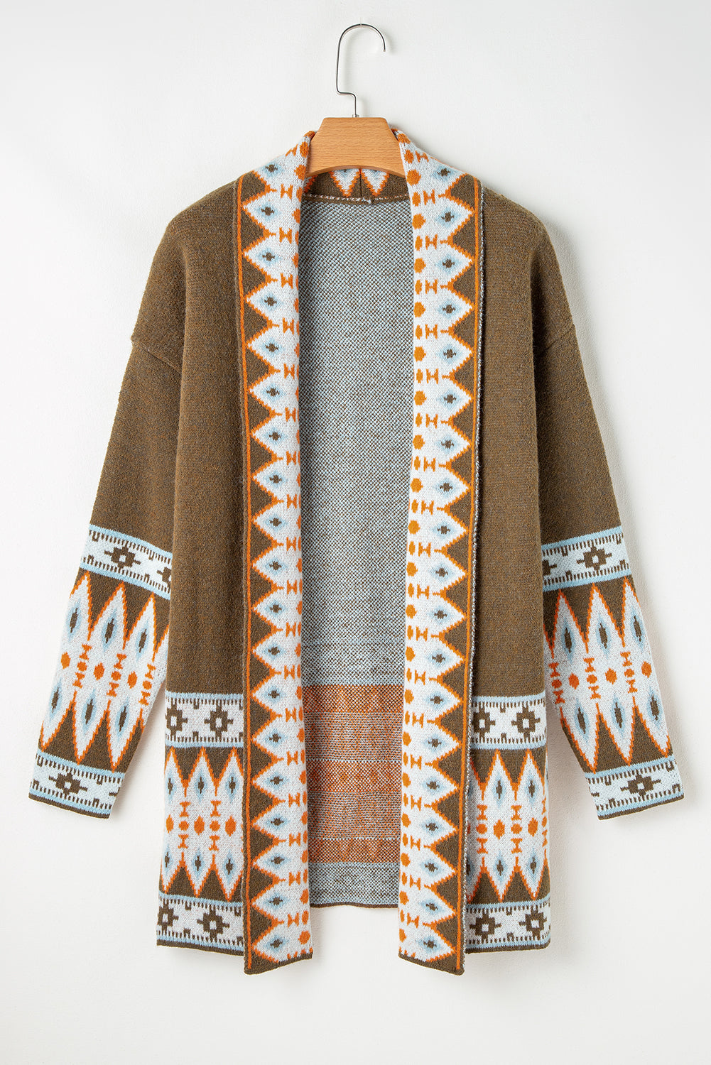 Brown Aztec Print Open Front Knitted Cardigan