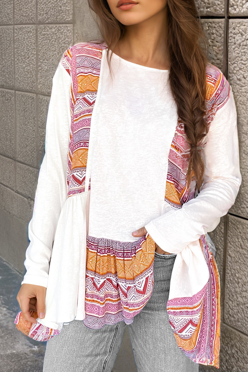 Ivory & Aztec Print Colorblock Long Sleeve Top