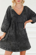 Black Pleated V Neck Puff Sleeve Denim Dress Black 82%Cotton+10%Polyester+8%Viscose Bazaare Mart Dresses/Mini Dresses