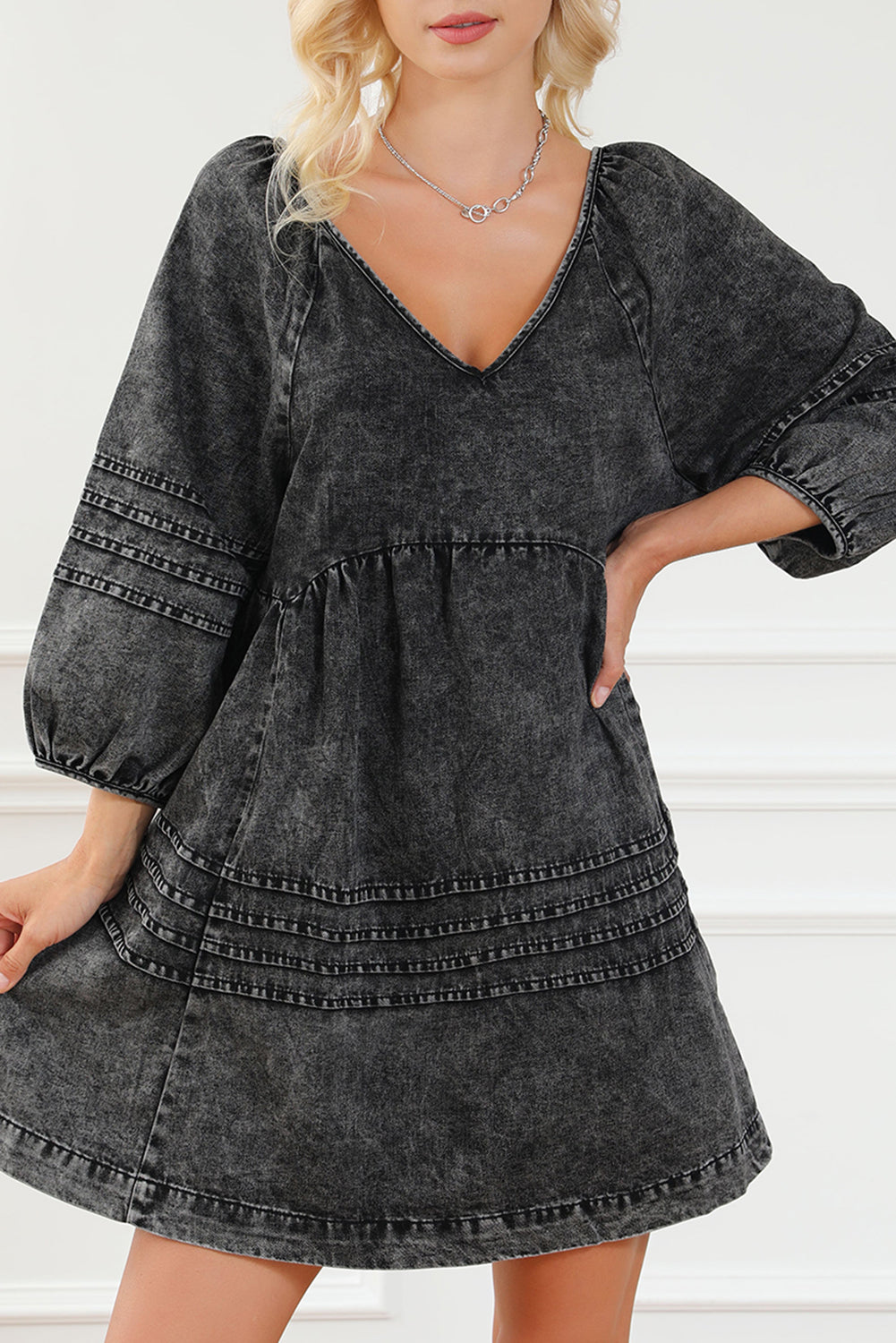 Black Pleated V Neck Puff Sleeve Denim Dress