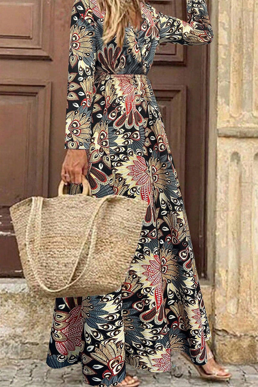 Black Floral V Neck Maxi Dress