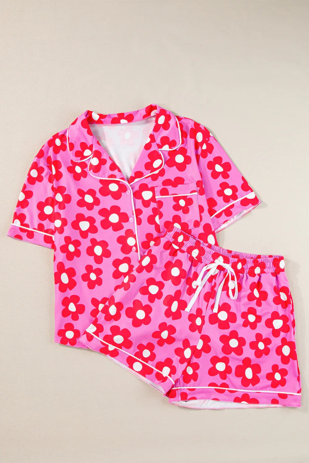 Pink Flower Print Short Sleeve Shirt Pajamas Set Dear-Lover Loungewear & Sleepwear/Sleepwear