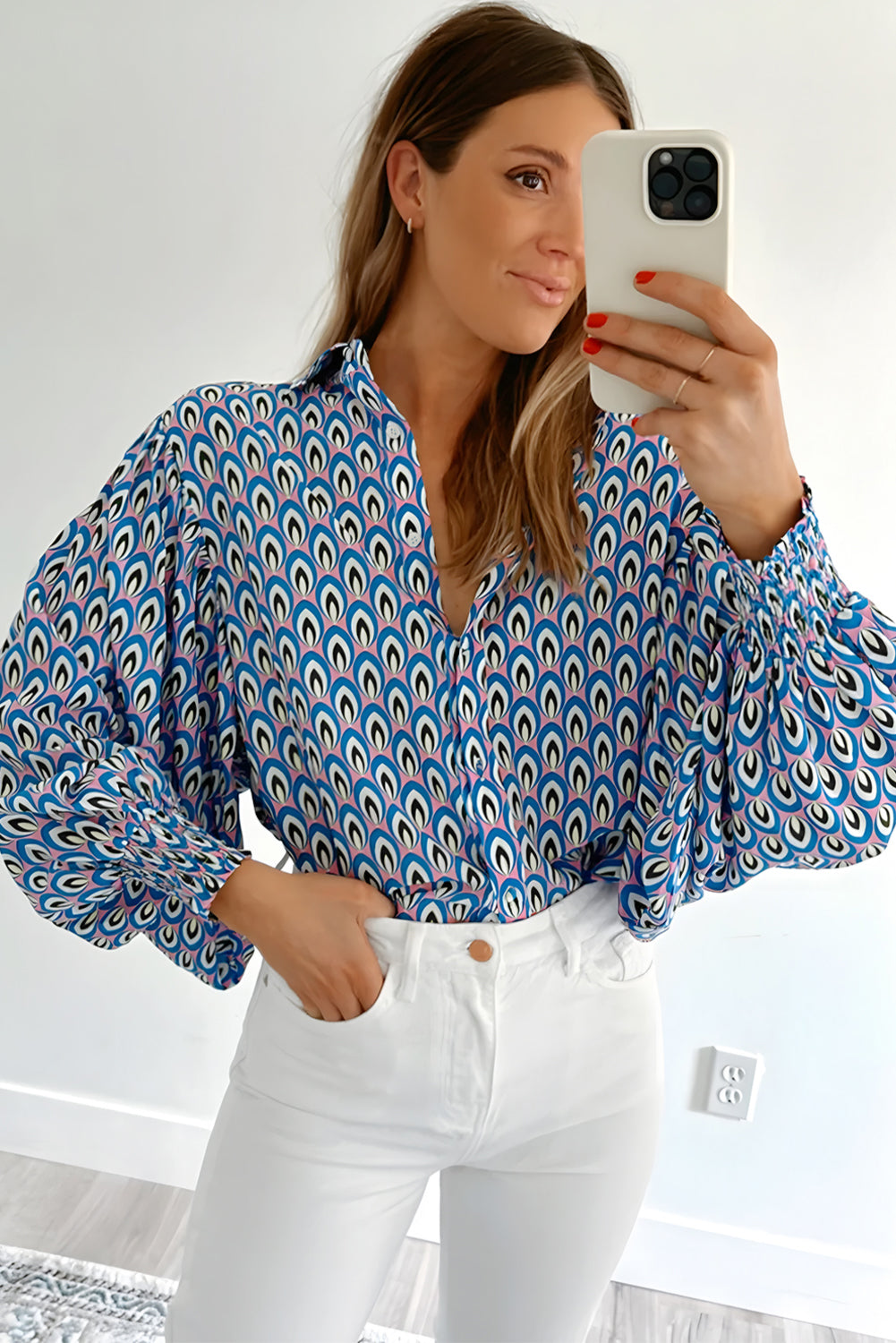 Blue Abstract Print Shirred Cuff Buttoned Oversized Shirt