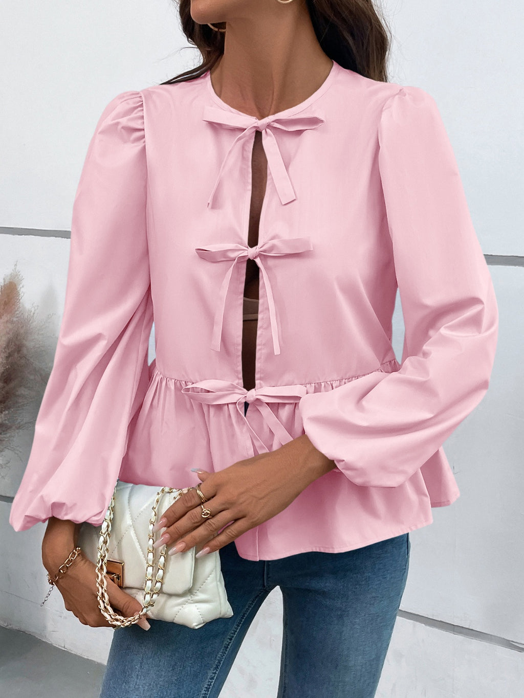 Leopard Peplum Tied Long Sleeve Blouse