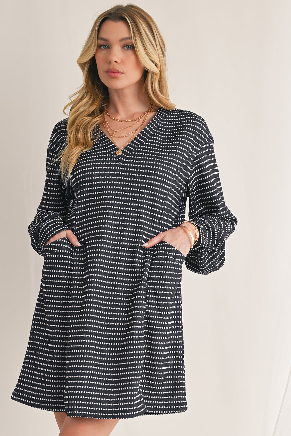 B&W Striped V-Neck Long Sleeve Dress