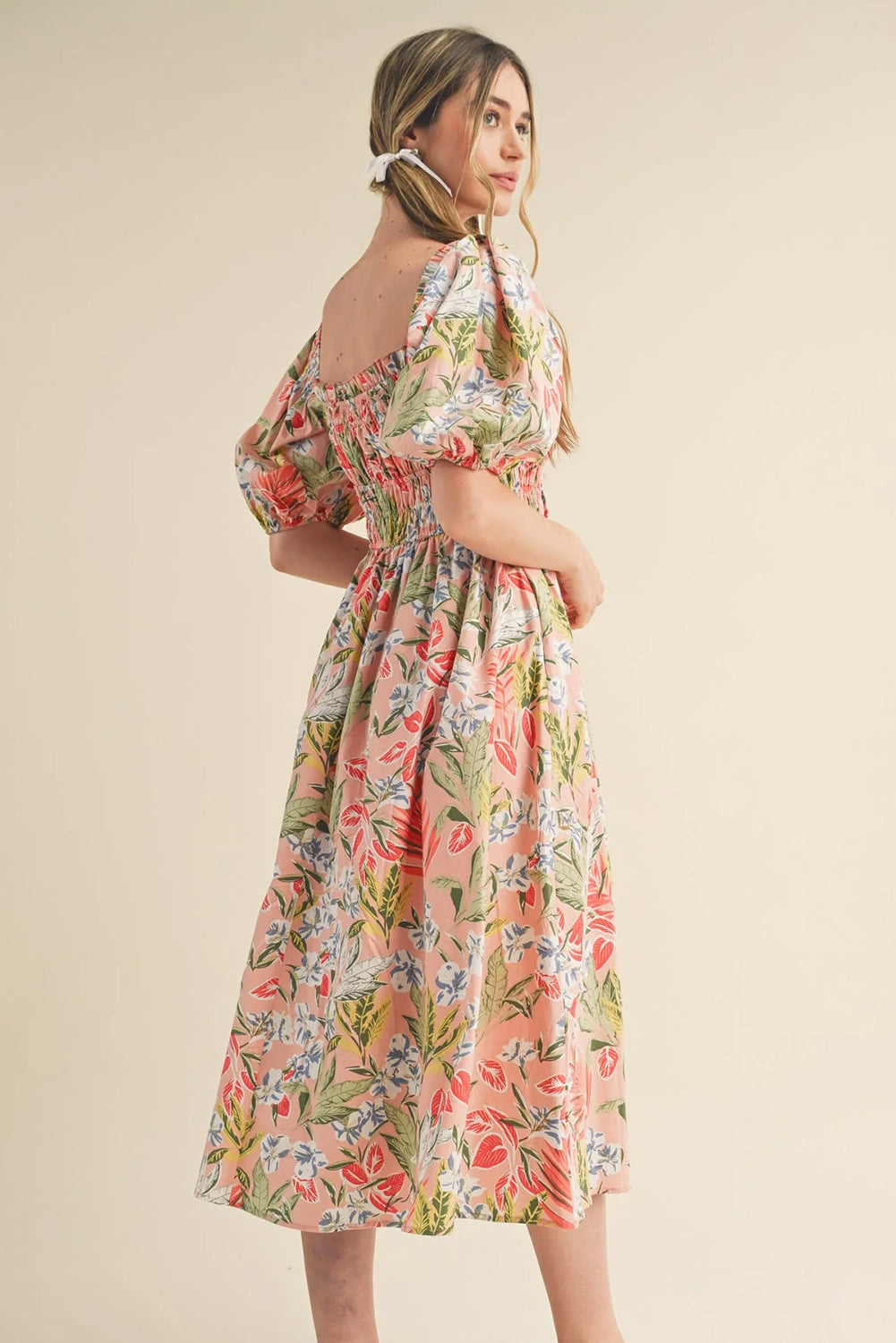 Apricot Floral Smocked Bust Bubble Half Sleeve Midi Dress