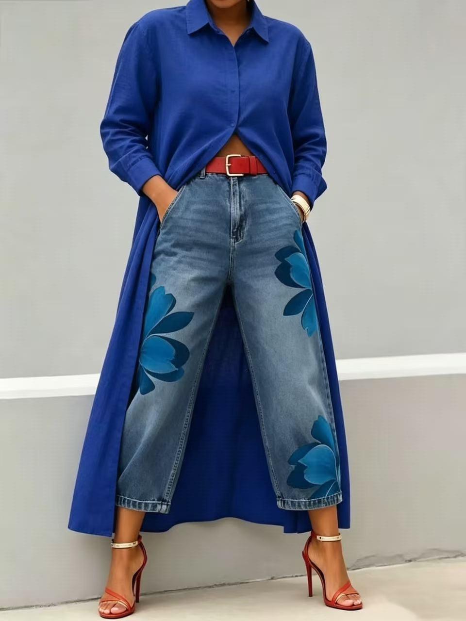 Women’s Loose Wide-Leg Printed Trousers – Comfortable Elegant Casual Pants Blue Set CJ Dropshipping Wide Leg Painted Floral Jeans