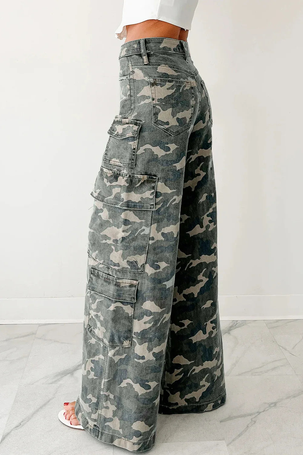 Green Camo Denim Cargo Wide Leg Pants Bazaarre Mart Bottoms/Jeans