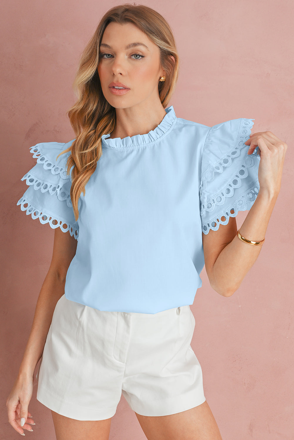 Light Blue Layered Cap Sleeve Frill Neck Blouse