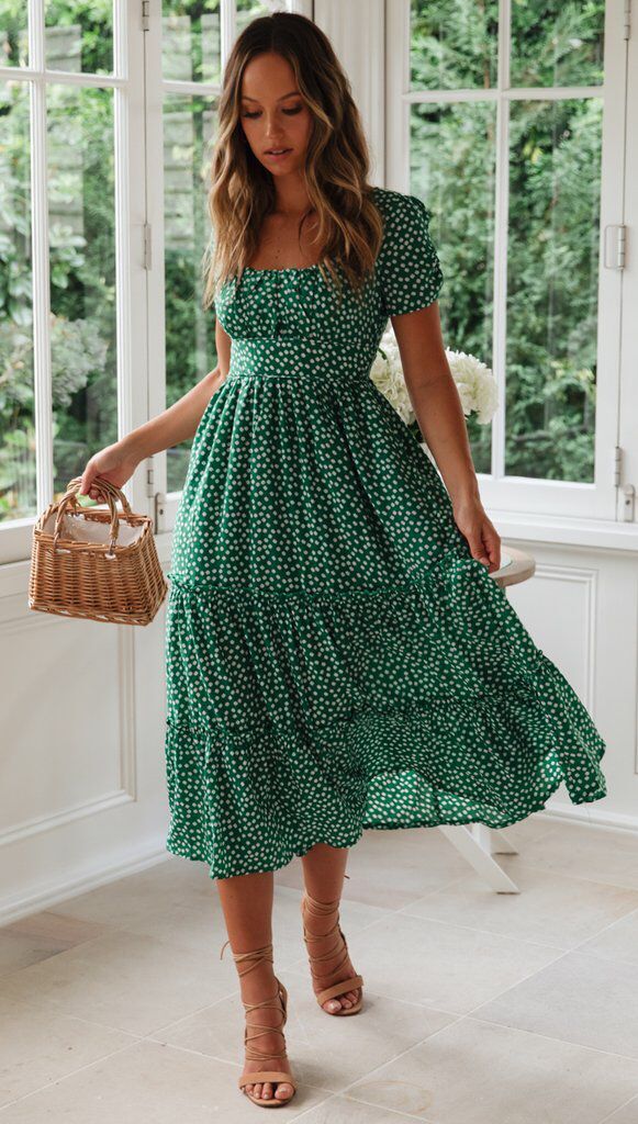 Short Puff Sleeve Floral Tiered Dress Green CJ Dropshipping Ditsy Tiered Peasant Dress