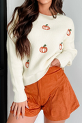 Beige Pumpkin Embroidered Ribbed Sweater