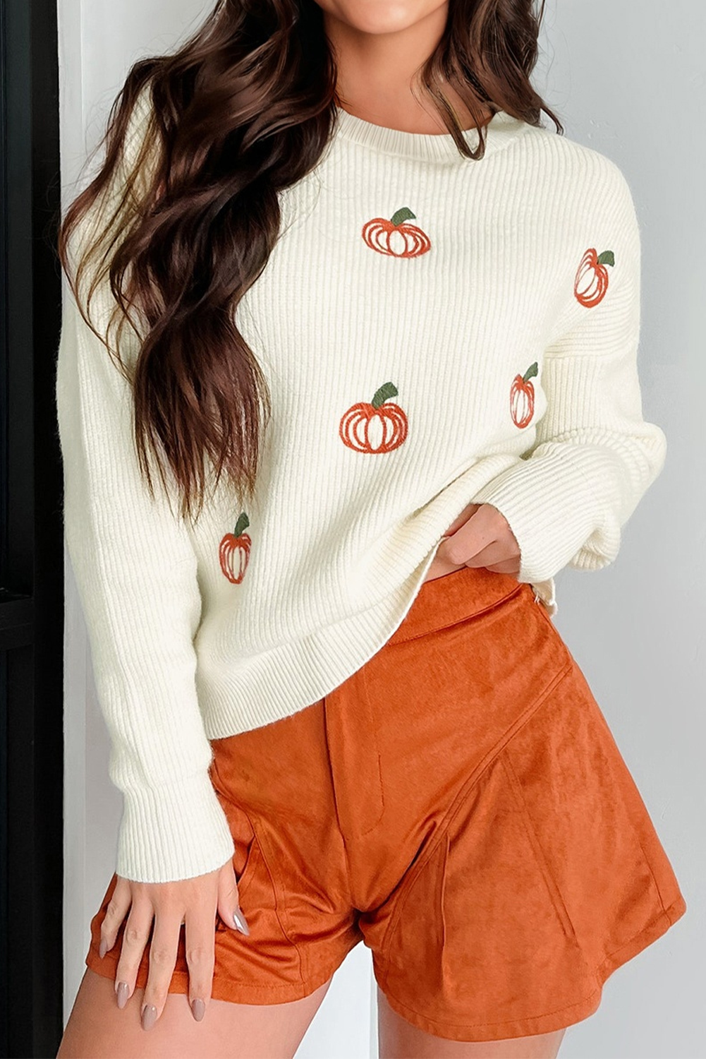 Beige Pumpkin Embroidered Ribbed Sweater