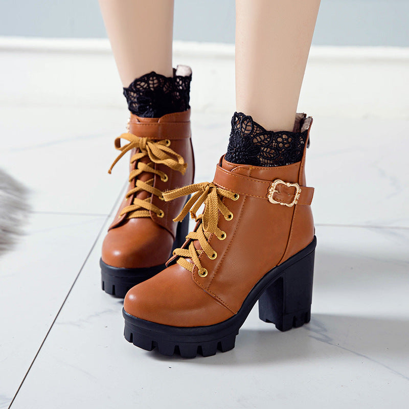Lace High Block Heel Ankle Boots