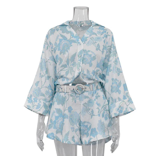 Blue Flower Loose Long Shirt Dress with Wide Leg Belted Shorts Set Bazaare Mart Billowy Floral Shorts Set